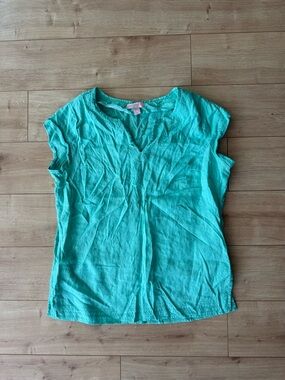 Saint Tropez West 100% Linen Green Embroidered Top Women XL Cap Sleeve